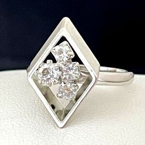 Vintage 1960s Cocktail Ring Mid Century Modern Rhinestone Silver Tone - 4I